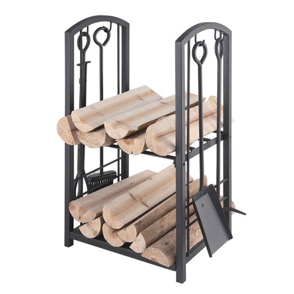 2 Tier Steel Wood Rack W/ 4Pc Firetools (Blk 73Cm H)  |  Barbeques Barbeques Barbeques